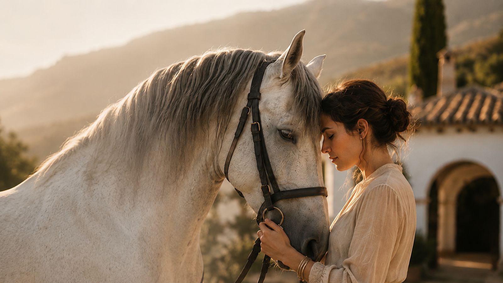 A woman resting her forehead against a white horse at sunset, mountains in the background