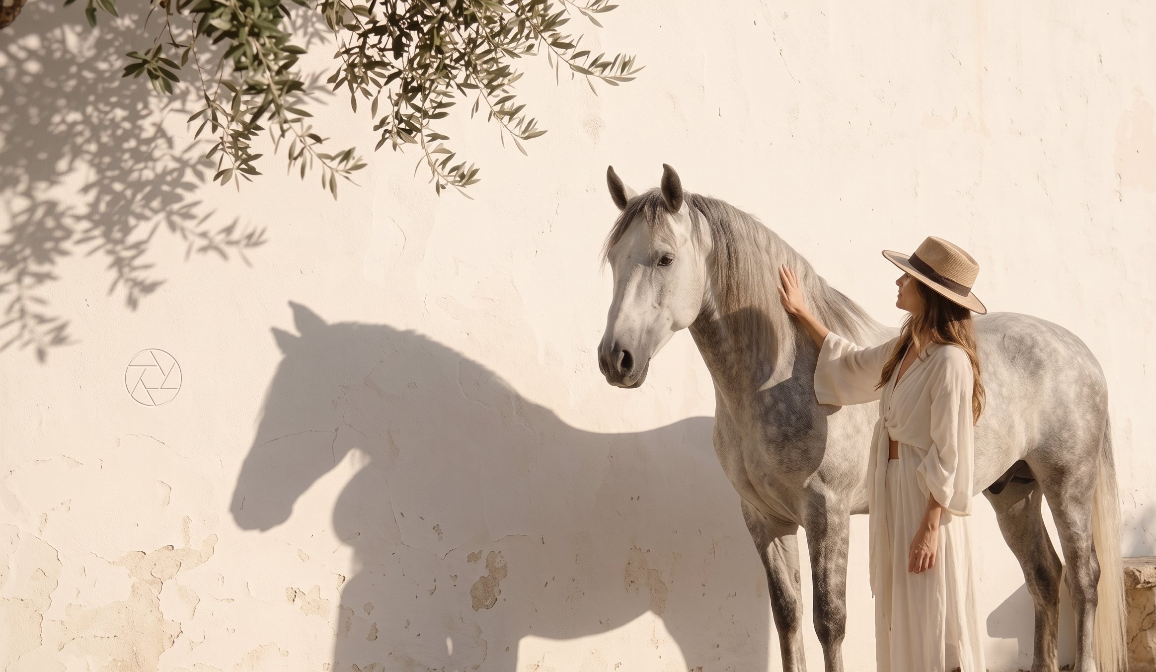 A woman having a private portrait session with a grey horse against a whitewashed finca wall