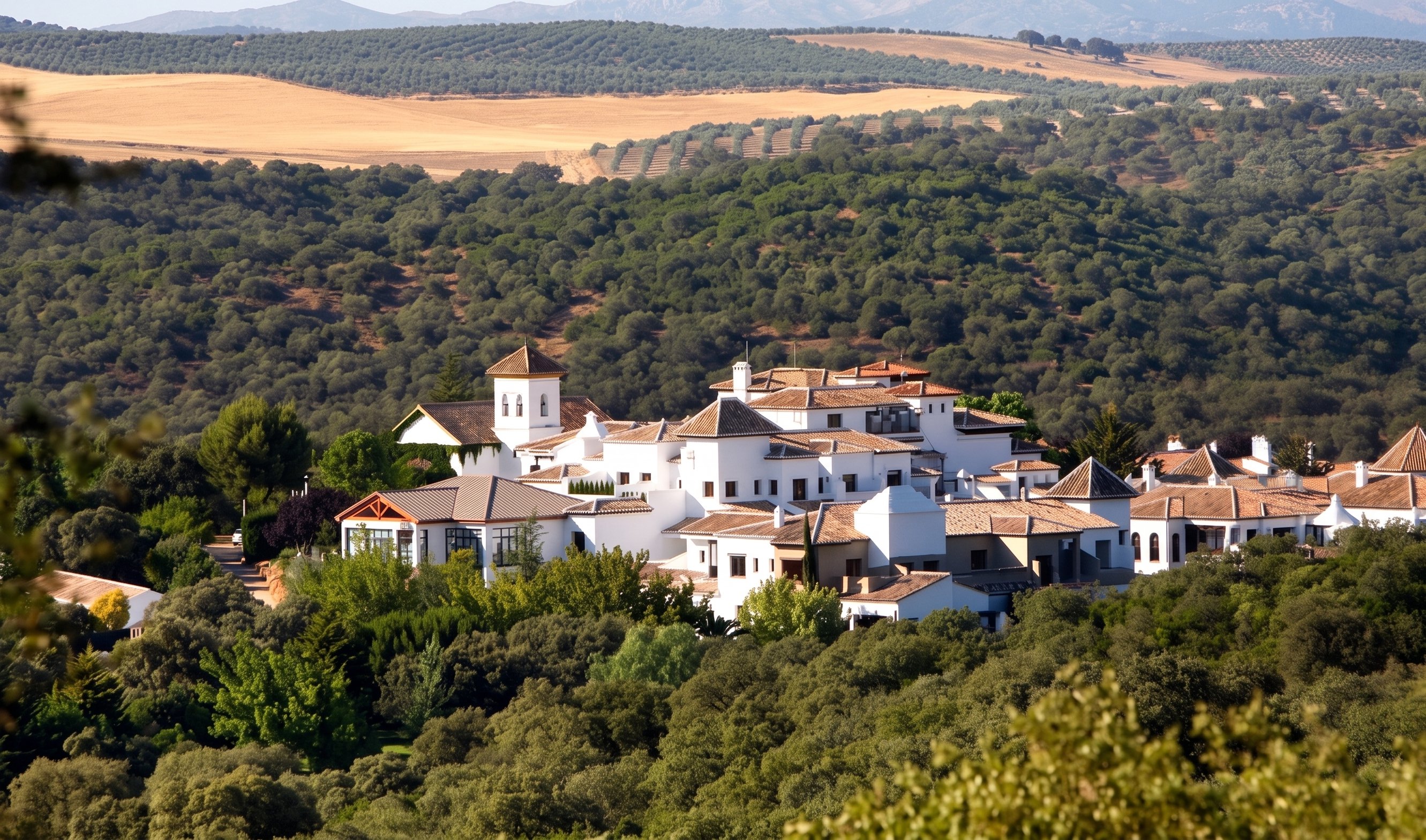 Aerial view of the restored Andalusian finca at dusk, with riders approaching along the drive