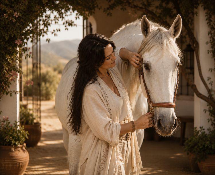 A woman gently holding a white horse's face under a flowering archway