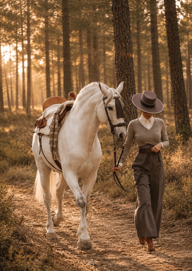 A woman walking her horse through a sunlit pine forest