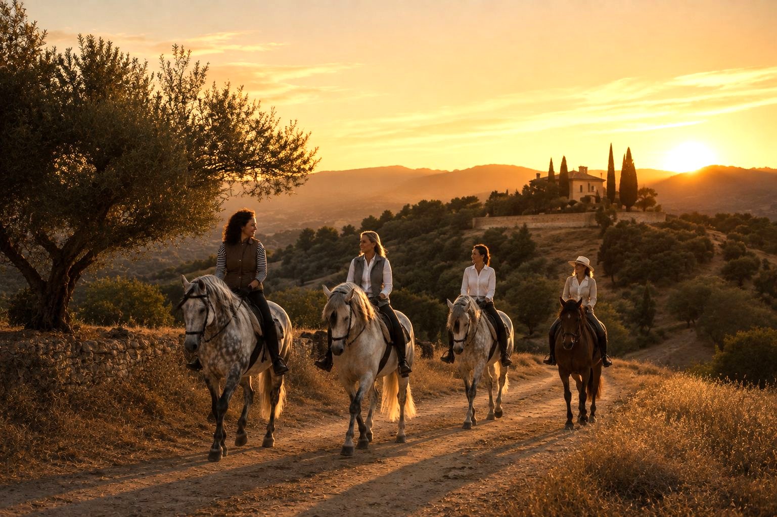 Four women riding Andalusian horses at sunset toward a hilltop finca