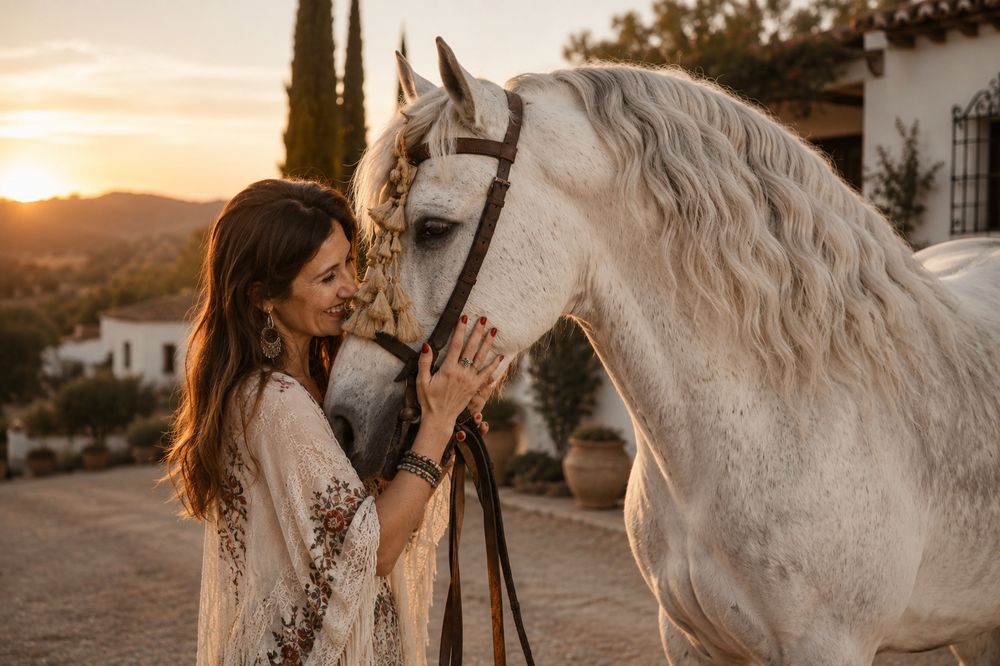 A woman resting her face against a white horse's forehead at sunset