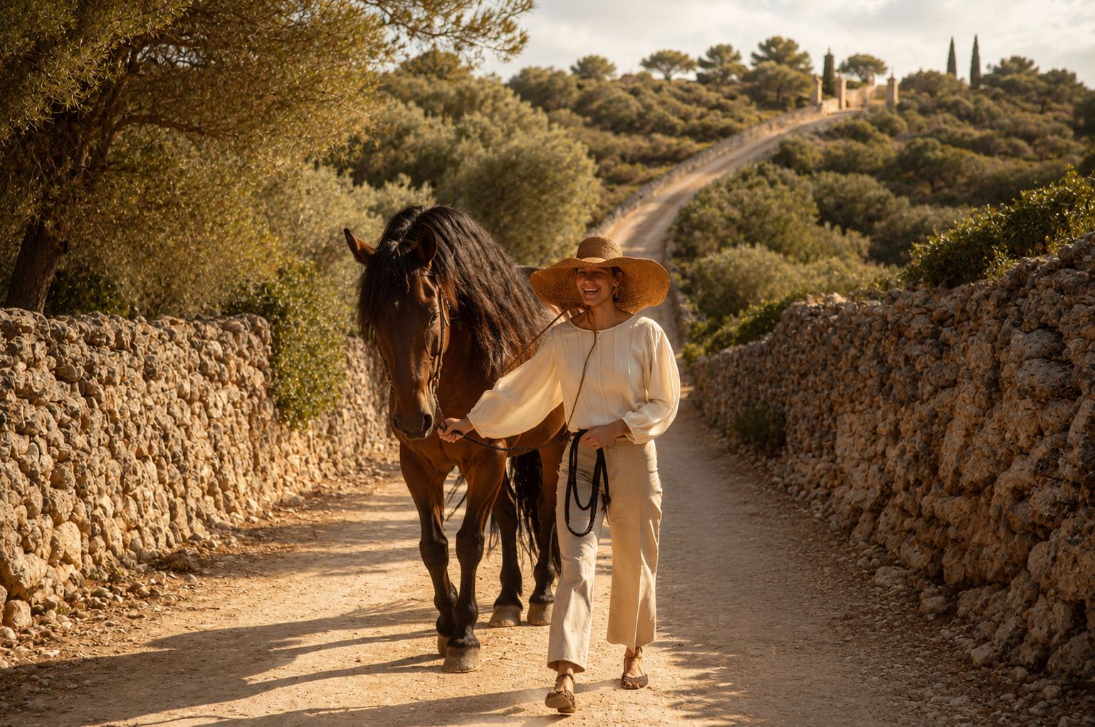 A laughing woman walking her horse down a country lane between stone walls