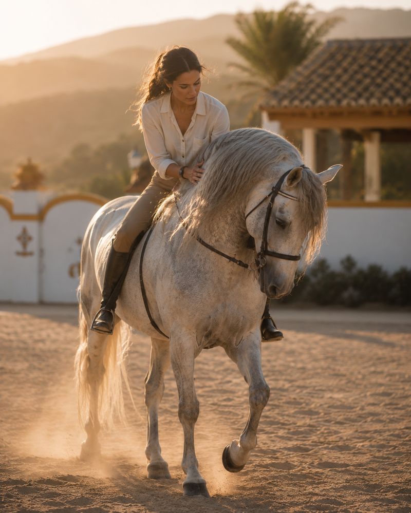 Woman riding a grey Andalusian horse with dust catching the light