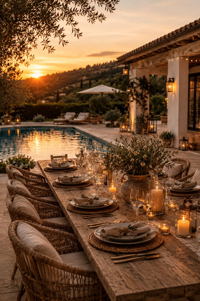 Candlelit long table set for dinner beside the pool at sunset
