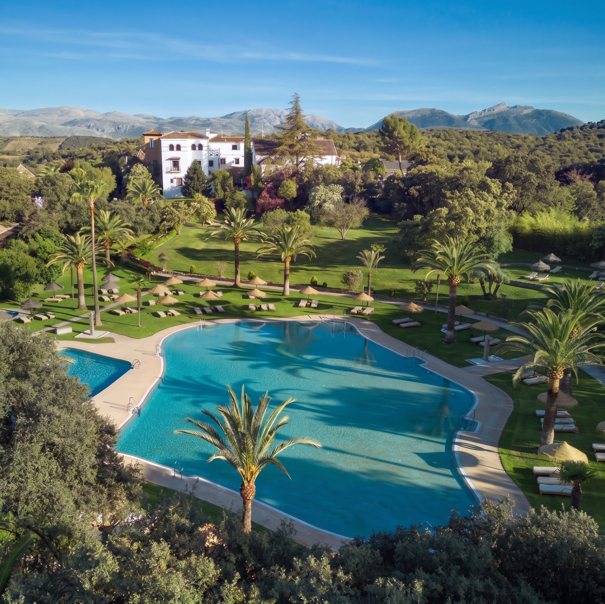 Aerial view of the finca's swimming pool surrounded by palm trees and gardens