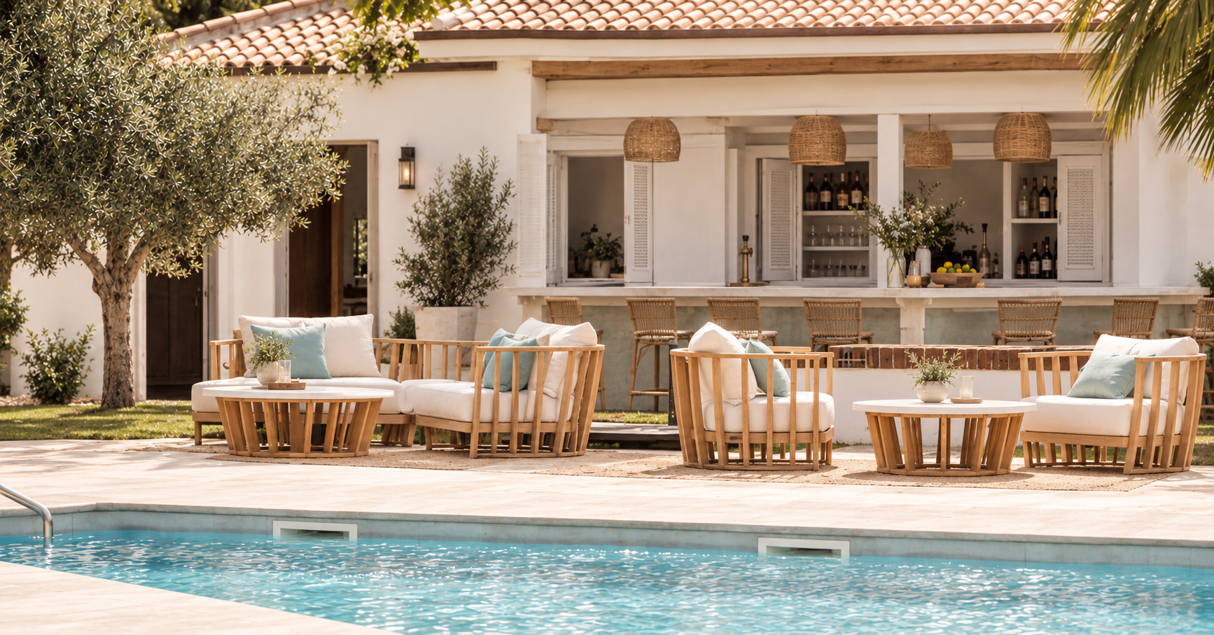 Poolside lounge seating and bar area at the finca