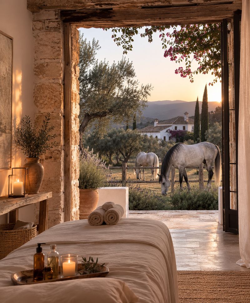 Spa treatment room opening onto Andalusian horses grazing at sunset