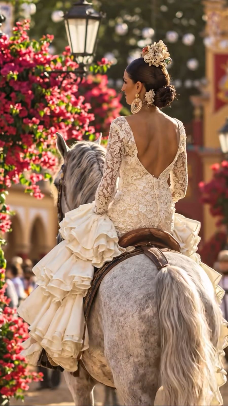 A woman in a cream lace dress riding a grey Andalusian horse past flowering bougainvillea