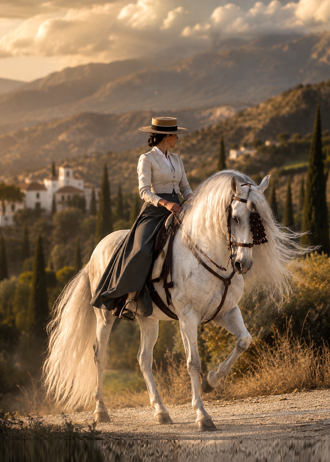 A woman riding a white Andalusian horse through the hills of Andalucía at golden hour