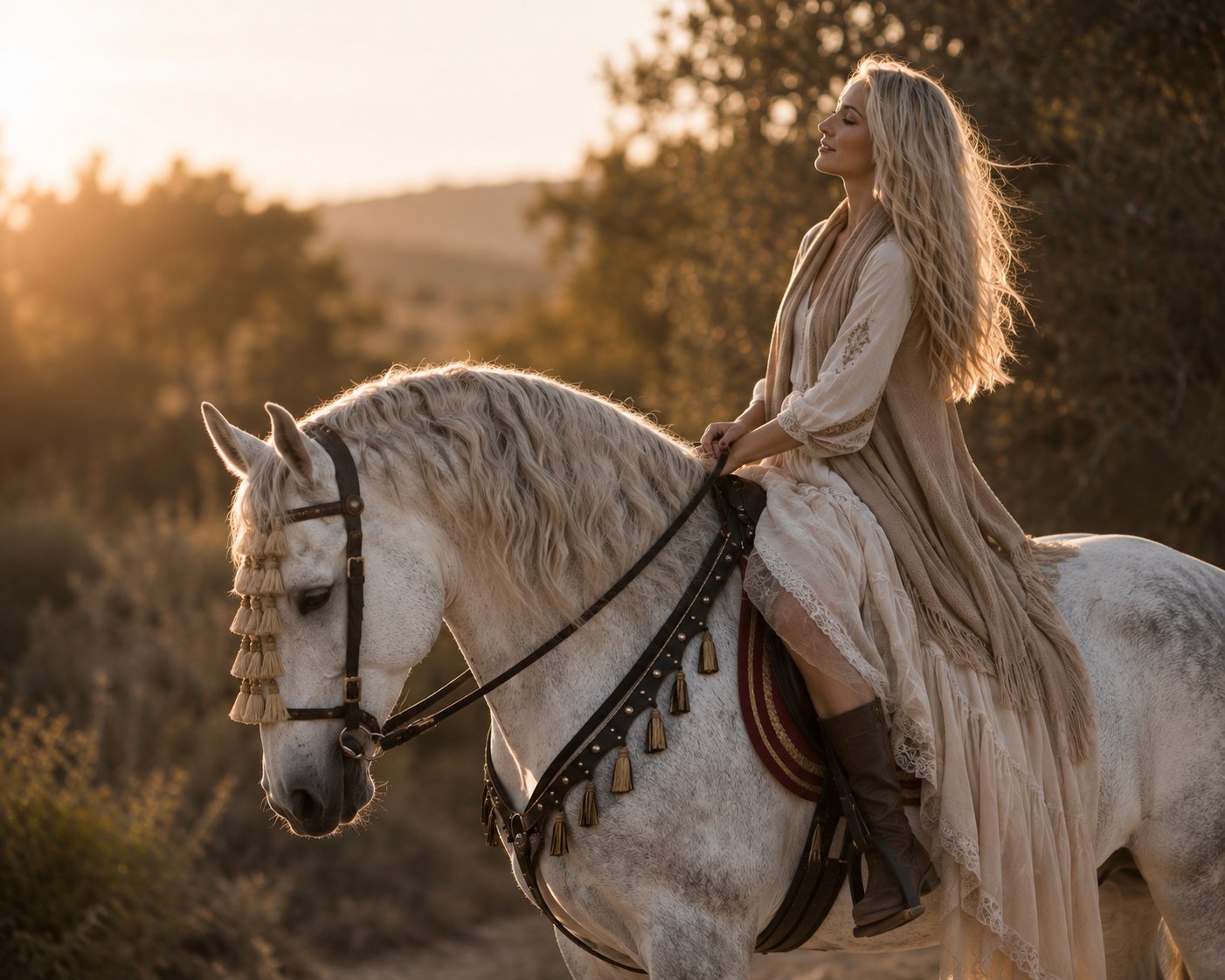 A woman with her eyes closed riding a white Andalusian horse at golden hour